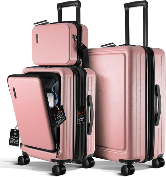 Luggage Sets 3 Piece, 22 Inch Carry on Luggage and 24 Inch Suitcases with Wheels Spinner, Durable Hard Shell Suitcase Set, Expandable Travel Suitcase, Pink