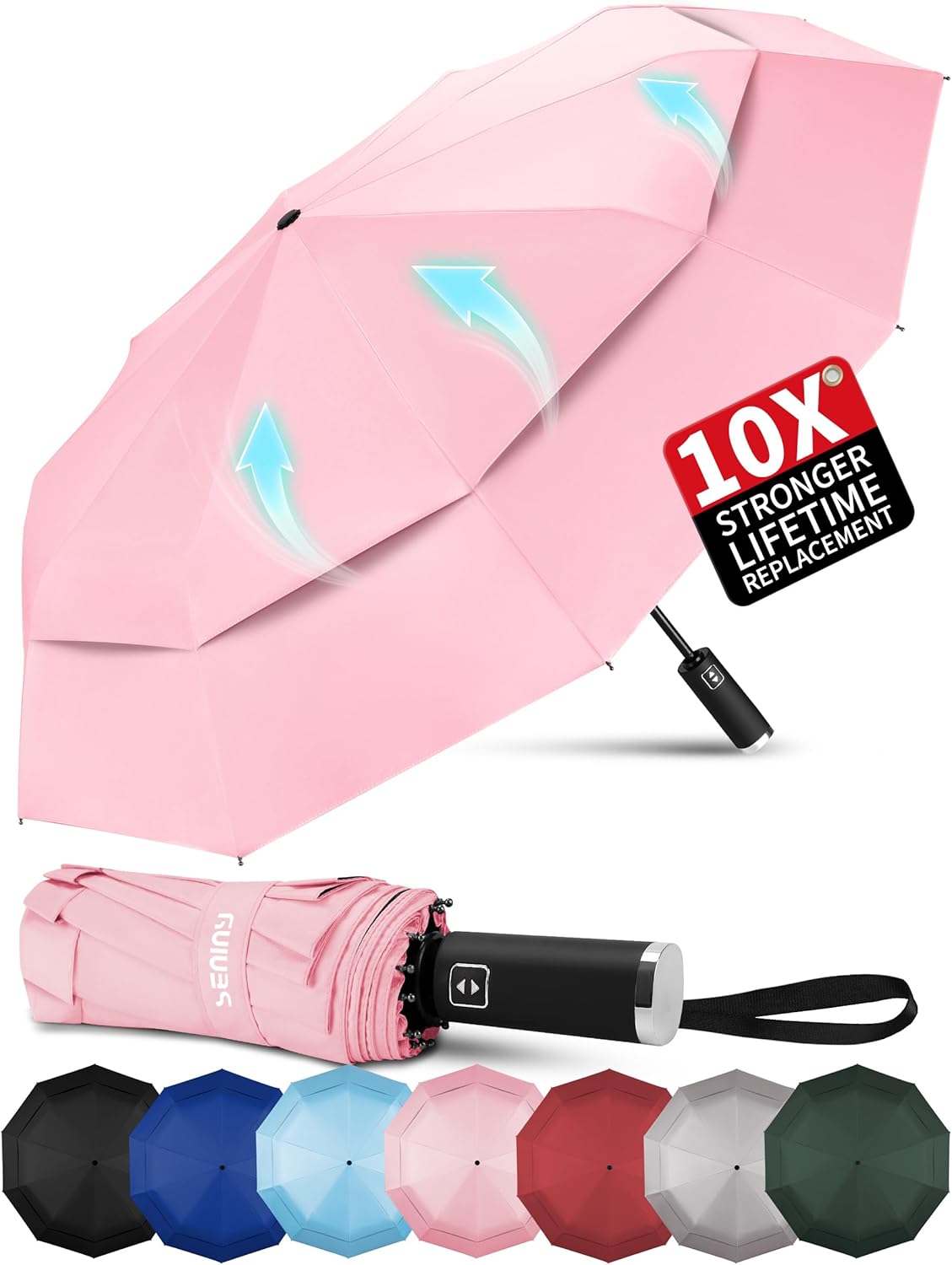 Seniny Windproof Travel Umbrella, Double Vented Canopy Large Umbrellas for Rain, Automatic Compact Umbrella for Car Backpack, Portable Pocket UV Umbrellas for Sun Protection Walking, Lightweight