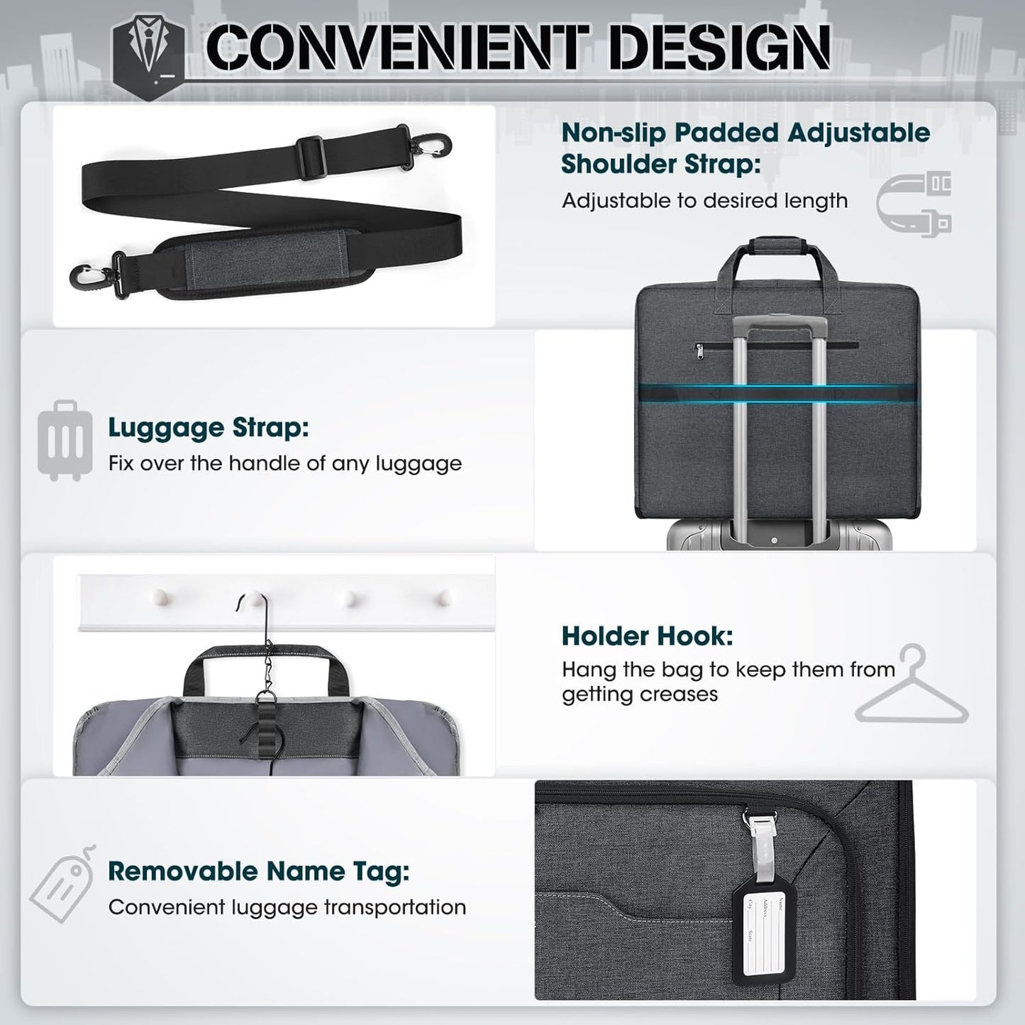 RAINSMORE Garment Bags for Travel Carry On Garment Bag for Hanging Clothes, Suit Bag for Business Trips with Shoes bag & Shoulder Strap, Waterproof Foldable Suit Luggage Bag for Men Women, Gray