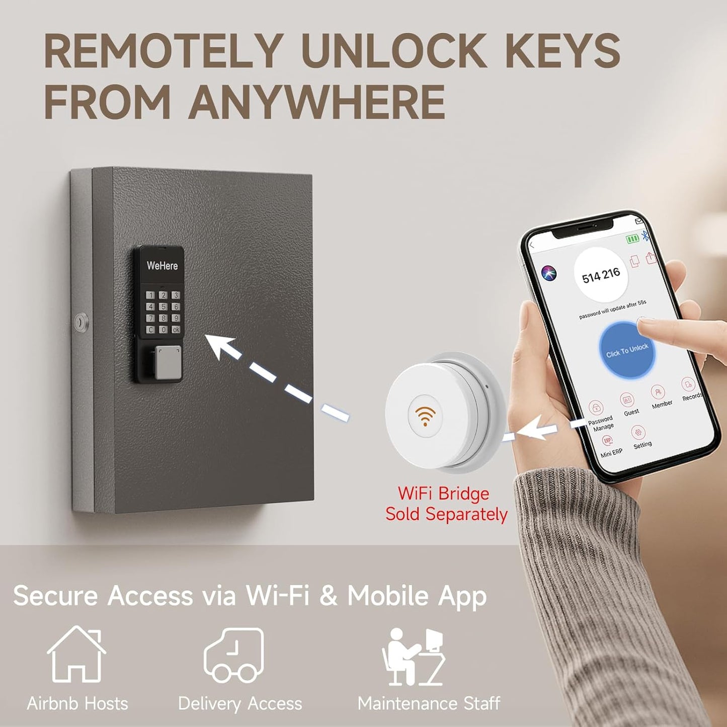 WeHere 32 Key Lock Box Wall Mount, Smart Key Cabinet with APP Bluetooth/Fixed/Dynamic Password/OTP Share Unlock, Security Lockbox ERP for Valets/Realtors/Office/Hotel Key Management