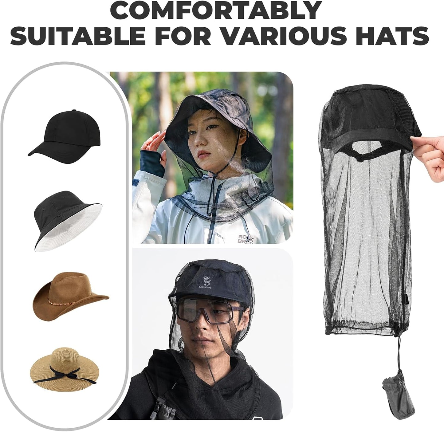 Mosquito Head Net for Insects, Bug Net for Head, Extra Fine Fly Screen Holes for Camping, Fishing,Hiking, Fits All Hats for Men Women