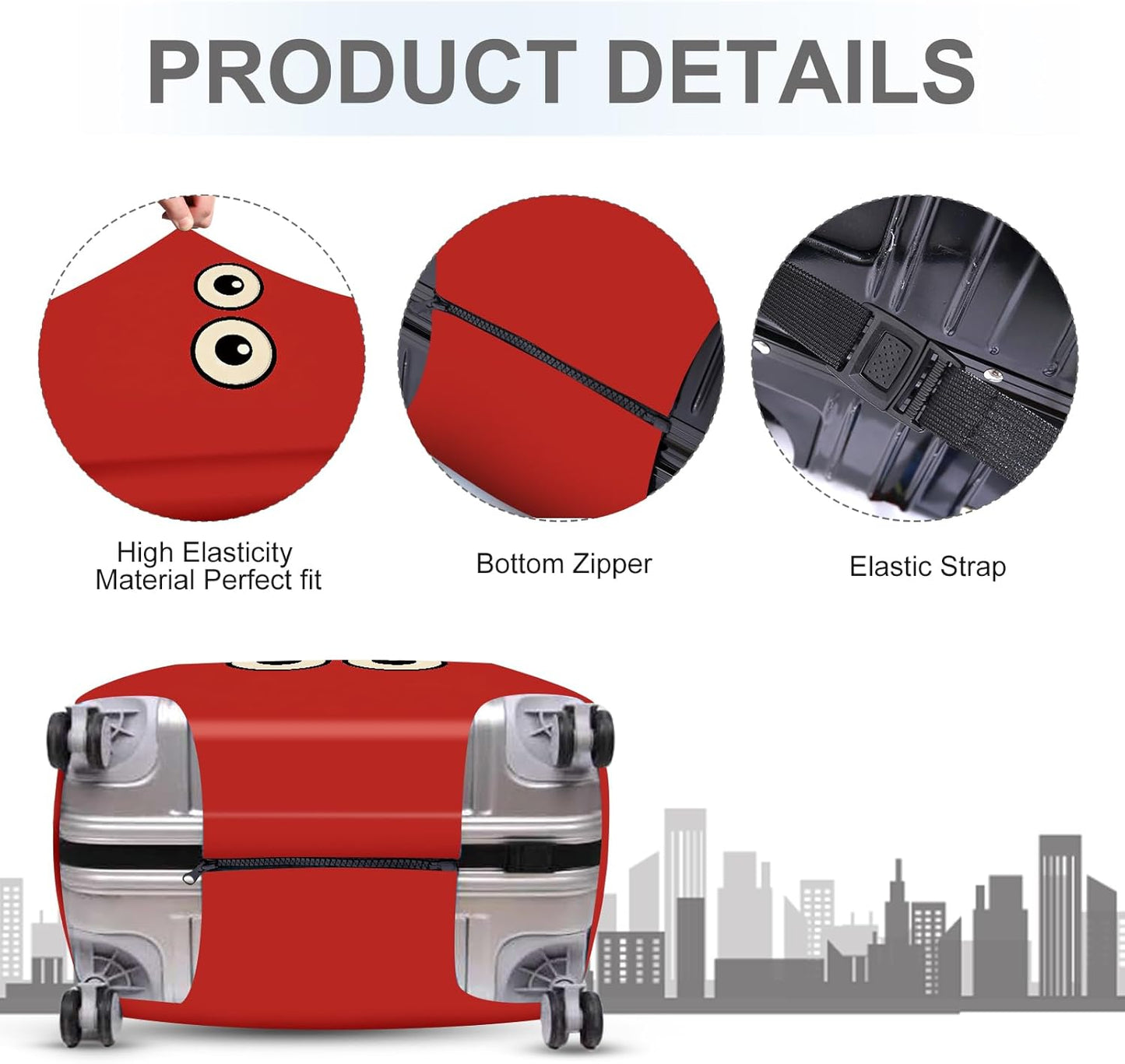 ANNA QUEEN Funny Cartoon Eyes Luggage Cover, Red Suitcase Protector with Cute Big Eyes Design, Travel Suitcase Cover for 24-26 Inch Luggage, Stretchable & Washable Spandex Travel Accessories