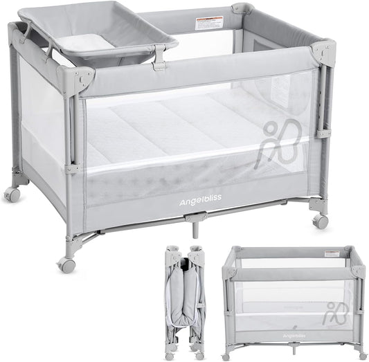 ANGELBLISS Baby Bassinet Bedside Crib, Pack and Play with Mattress, Diaper Changer, One-Push Setup Playards from Infants to Toddlers (Grey)