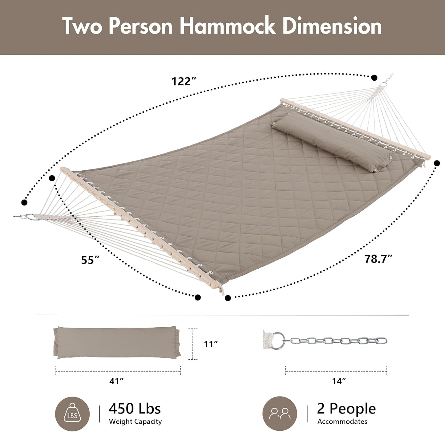 ANOW Double Hammock with Spreader Bars and Detachable Pillow, 2 Person Hammock for Outside, 450 LBS Weight Capacity, Light Brown