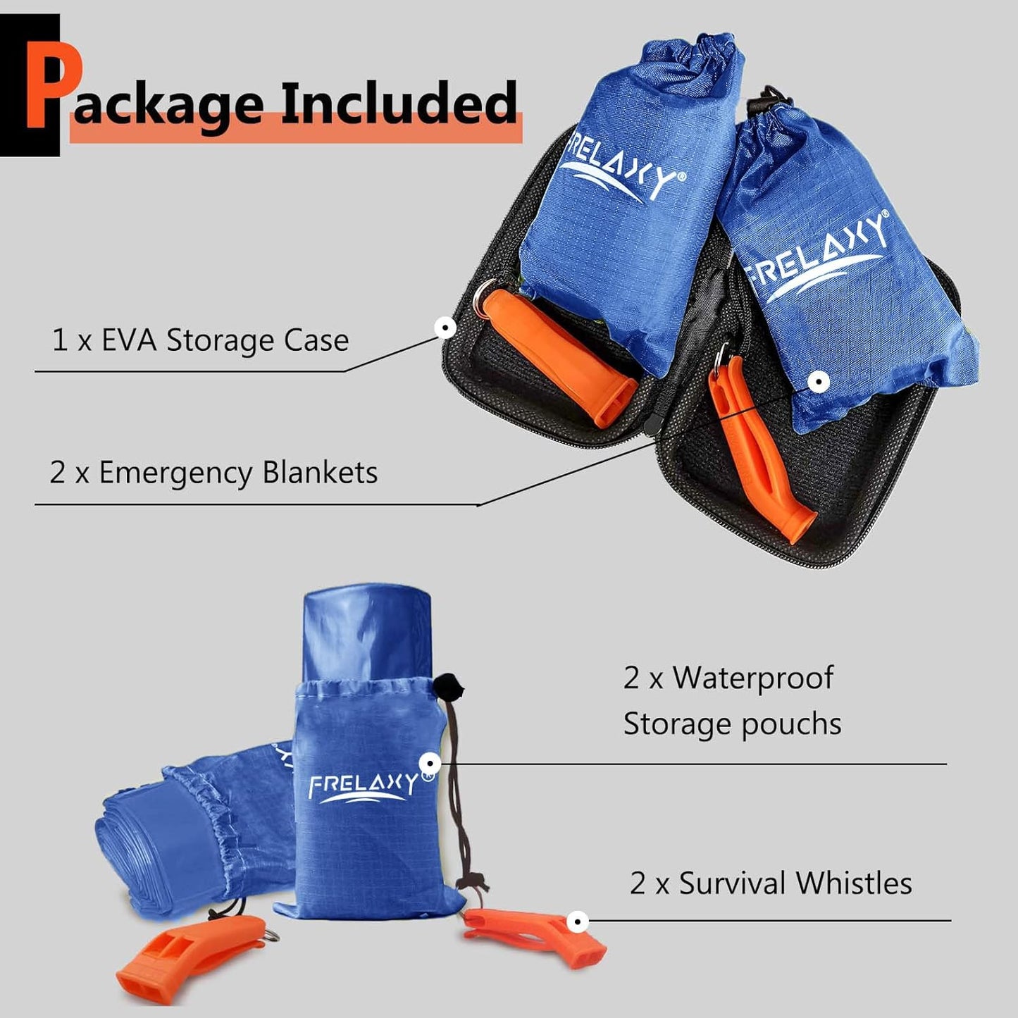 Frelaxy Emergency Blanket 2-Pack/4-Pack, Extra-Thick Extra-Large Space Blankets with Whistles, Storage Pouchs, and EVA case