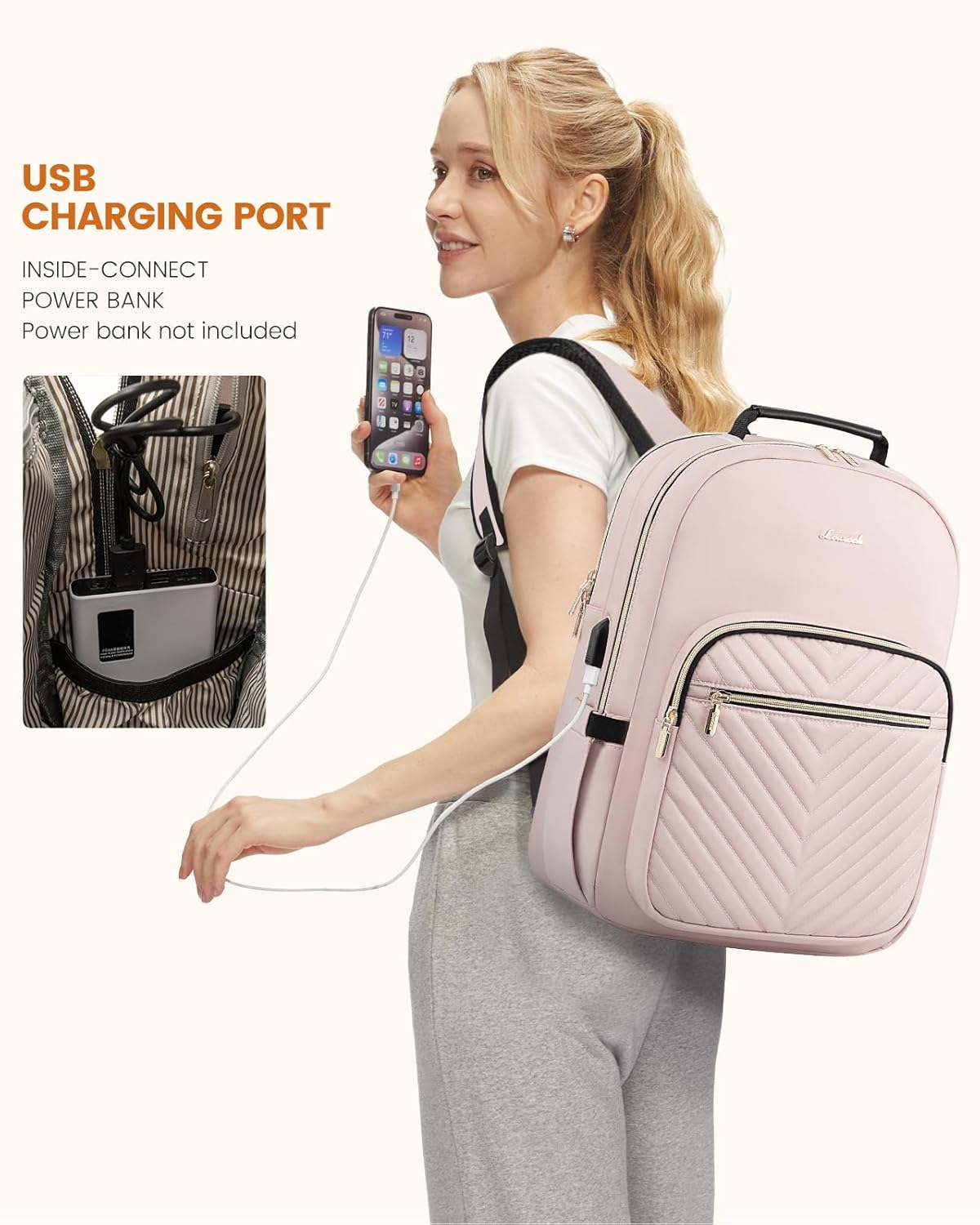 LOVEVOOK Laptop Backpack Purse for Women, Work Travel Computer Bags, College School Backpack for Student Girl, Quilted Casual Daypack with USB Port, Fit 15.6 Inch Laptop, Antiquewhite