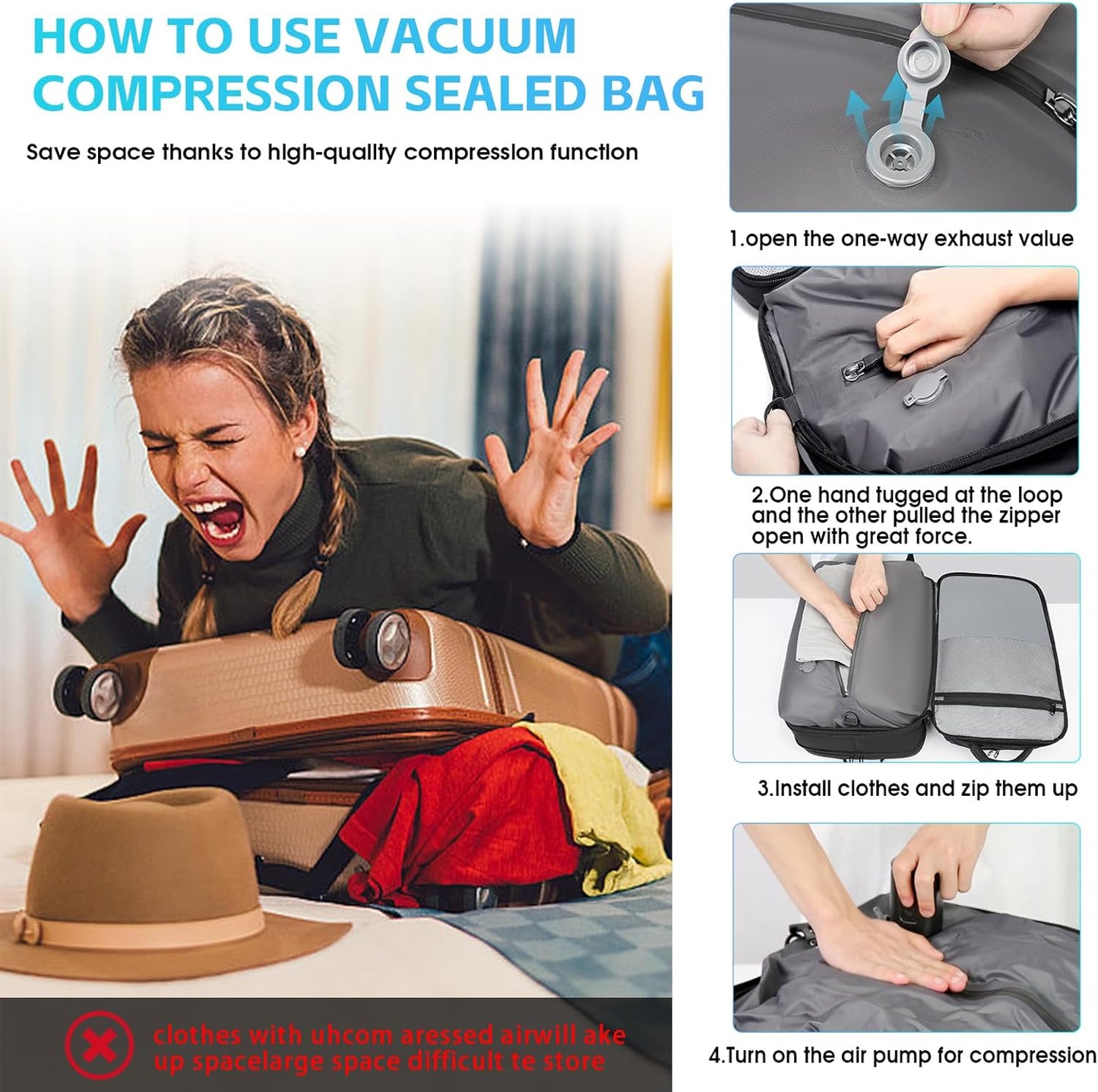 Vacuum Travel Backpack with Pump, 50L Expandable Compression Backpack With Vacuum Seal, 17.3 Inch Water Resistant Business Laptop Backpack with USB Charging Port for Women & Men