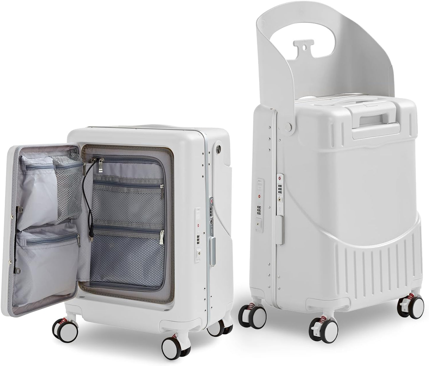 TABU 20" Ride-on Luggage with Seat，Front Opening Carry-On Hardshell Ride On Suitcase with Built-in Charging Port, 360° Lockable Spinner and TSA Lock, for Kids & Adults, White
