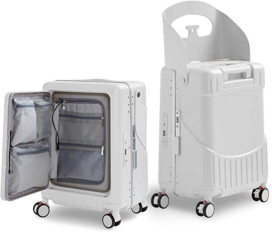 TABU 20" Ride-on Luggage with Seat，Front Opening Carry-On Hardshell Ride On Suitcase with Built-in Charging Port, 360° Lockable Spinner and TSA Lock, for Kids & Adults, White