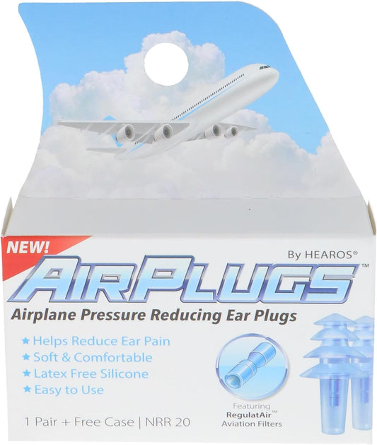 HEAROS AirPlugs Airline Pressure Reducing Earplugs, 1 Pair + Free Case, Latex Free Silicone, Reduce Ear Pain, NRR 20, Clear (5805)