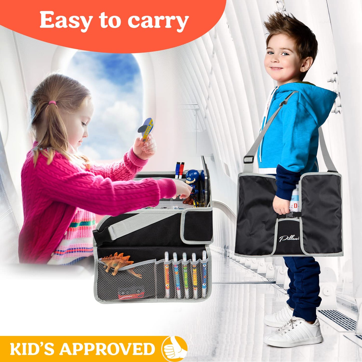 PILLANI Kids Travel Tray for Car - Car Seat Tray for Kids Travel, Car Trays for Kids Roadtrip Essentials, Carseat Table Tray for Kids Road Trip Activities - Toddler Lap Desk Organizer for Airplane