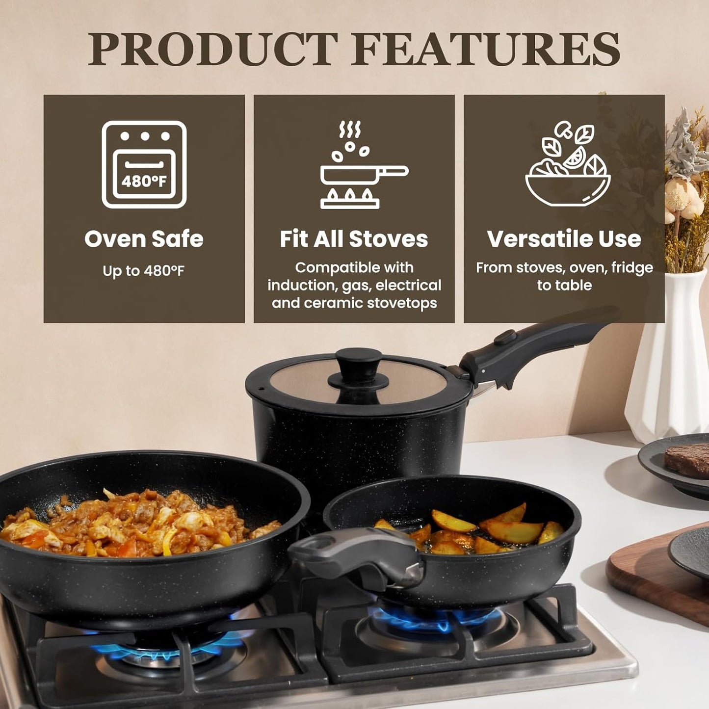 KIKCOIN 20 Pcs Pots and Pans Set Non Stick, Detachable Handle Cookware Sets Nonstick, Non Toxic Induction RV Kitchen Cooking Set with Removable Handles, Dishwasher/Oven Safe, Easy Clean (Black)