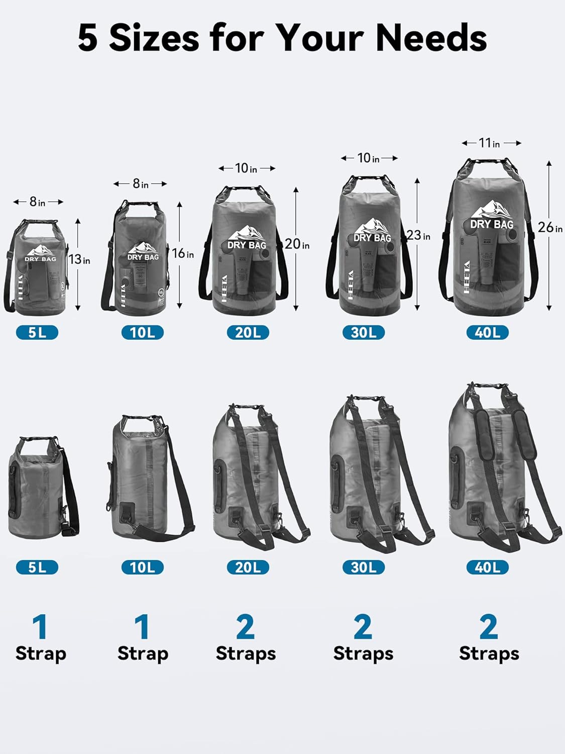 HEETA Dry Bag Waterproof for Women Men, 5L/10L/20L/30L/40L Roll Top Lightweight Dry Storage Bag Backpack with Phone Case for Travel Swimming Boating Kayaking Paddle Board Camping Beach Accessories
