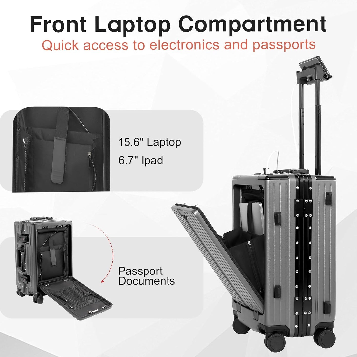 24 Inch Check-In Luggage Aluminum Frame Zipperless Luggage, Hard Shell Suitcase TSA Approved Checked Luggage, ABS+PC Lightweight Zipperless Suitcase with Spinner Wheels (Grey)