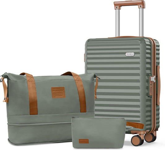 SHOWKOO Carry On Luggage Hardshell Lightweight Luggage Set, Suitcase with Double Spinner Wheels Tsa Lock White 3 piece set Green (DB/TB/20in)