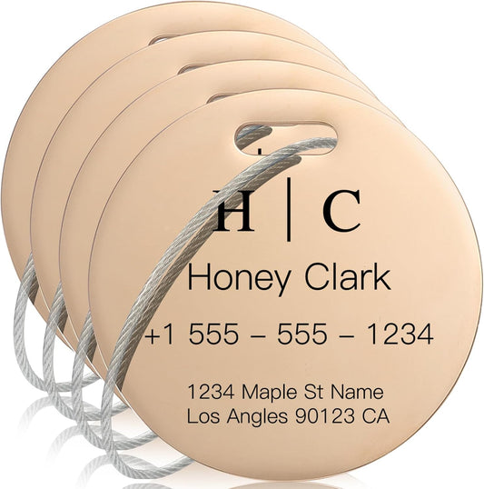 Stainless Luggage Tags for Suitcases 4 Pack: Metal Personalized Luggage Tags for Backpacks & Bags with Customizable Texts (Rose Gold)