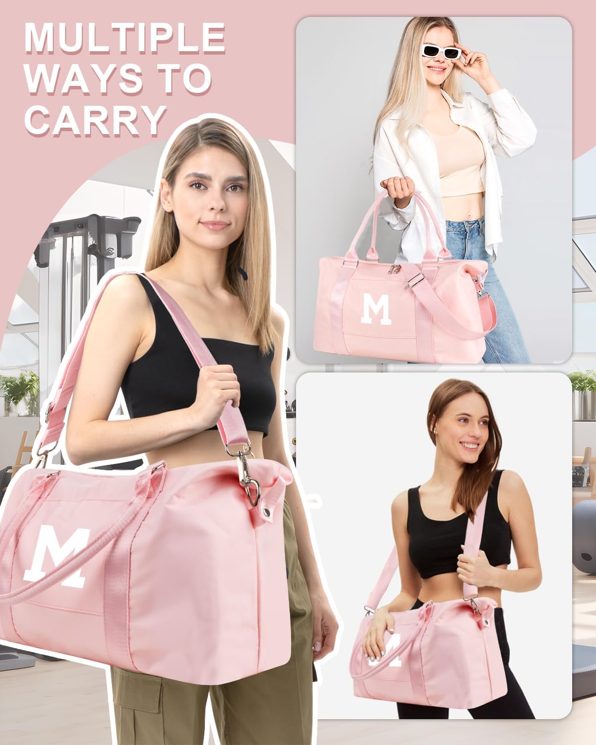 Initial Travel Duffel Bag Sports Gym Bag for Girls Teen Birthday Gifts,Pink Personalized Weekender Bag Carry On Tote Bags for Women Men,Waterproof Overnight Luggage Bag with Trolley Sleeve(Letter M)