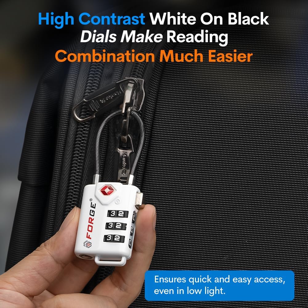 Forge TSA Approved Cable Luggage Locks, Re-settable Combination with Alloy Body(White 2 Locks)