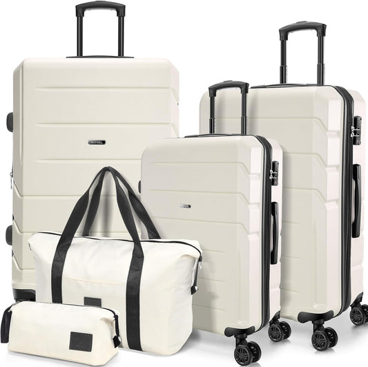 Hoteel Luggage Sets 5 Piece, ABS+PC Hard Shell Expandable Suitcases with Wheels, TSA Aproved Lock and Carry on Bags, Travel Suit Case Set for Men and Women, (5-Piece, Beige)