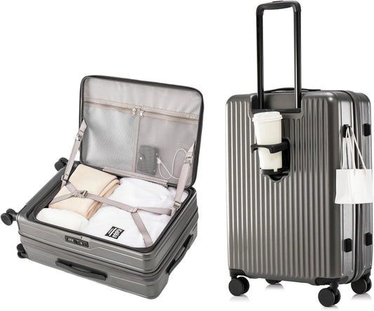HotWay 26 Inch Expandable Checked Luggage with Cup Holder, Hardside TSA Approved Luggage with Spinner Wheels, Top Opening Suitcase For Travel, Gray