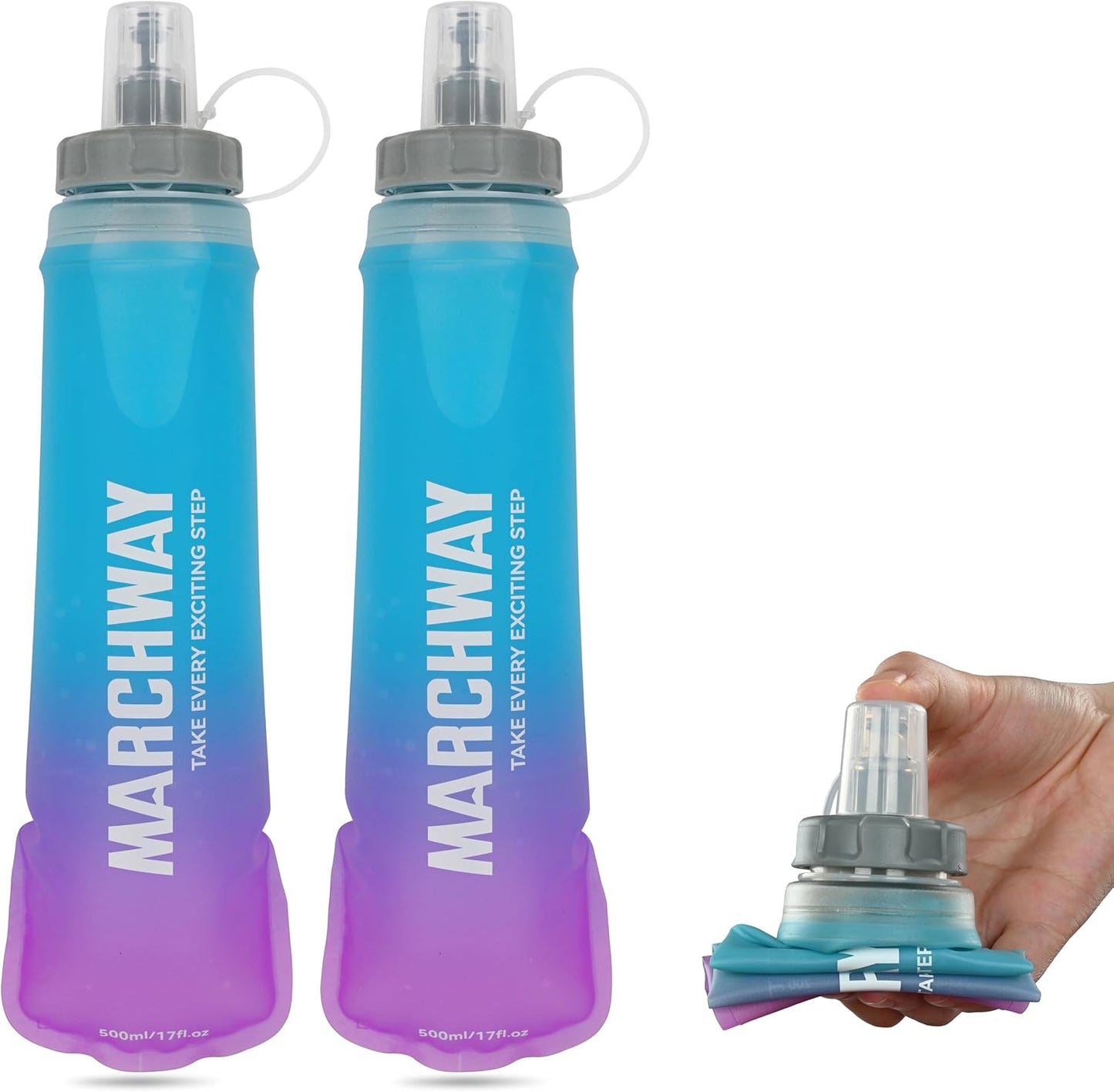 MARCHWAY Soft Hydration Flask with Wide Mouth, 300ml/500ml Collapsible TPU Water Bottle, Leakproof Portable Flexible for Running, Hiking, Cycling, Climbing, Gym, Travel (2pcs Blue-Purple 300ml)