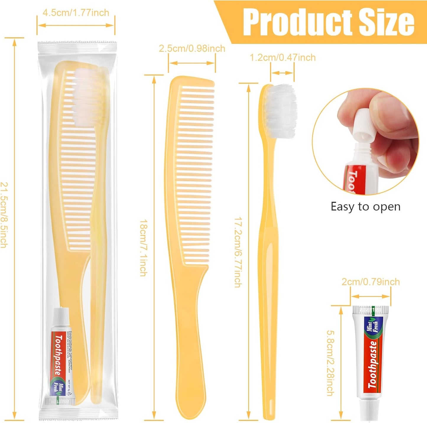 NICEMOVIC 100 Pack Disposable Toothbrushes Bulk with Toothpaste and Comb Travel Size Toothpaste Set Homeless Care Package Supplies for Bulk Individually Wrapped Disposable Travel Hotel Charity, Yellow