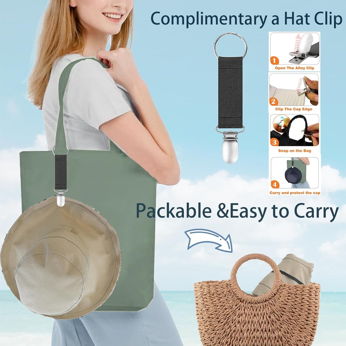 vidsel Womens Sun Hats Wide Brim Reversible Bucket Cotton Hat Packable Summer Travel Cap with Hat Clip,UV Protection