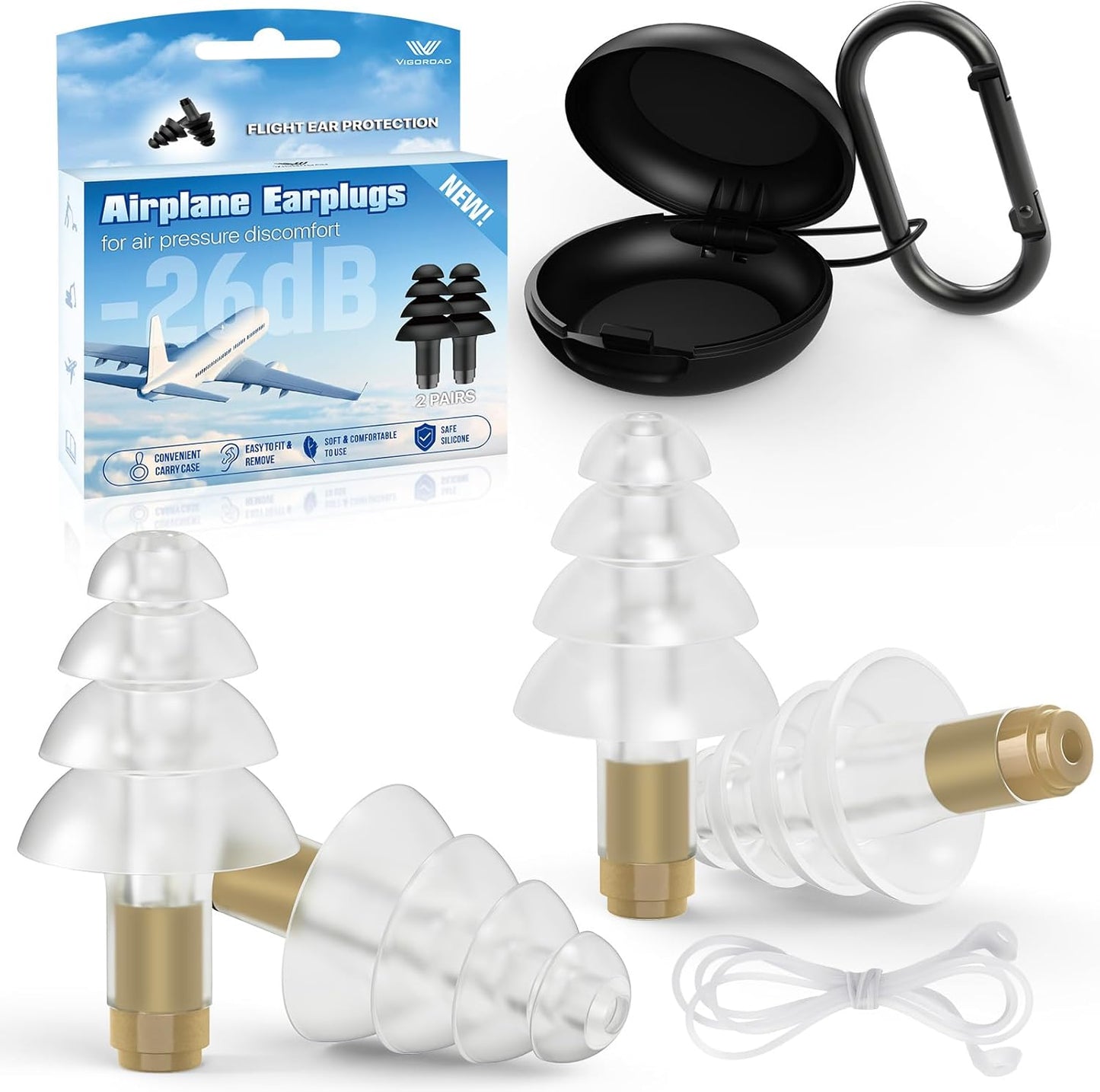 Ear Plugs for Airplane Pressure Relief, 2 Pairs Kids 6+, Adults/Small Canal Reusable Airplane Earplugs 26dB, with Silicone Connector Cord, Travel Essentials for Flying, Ear Protection Earplugs