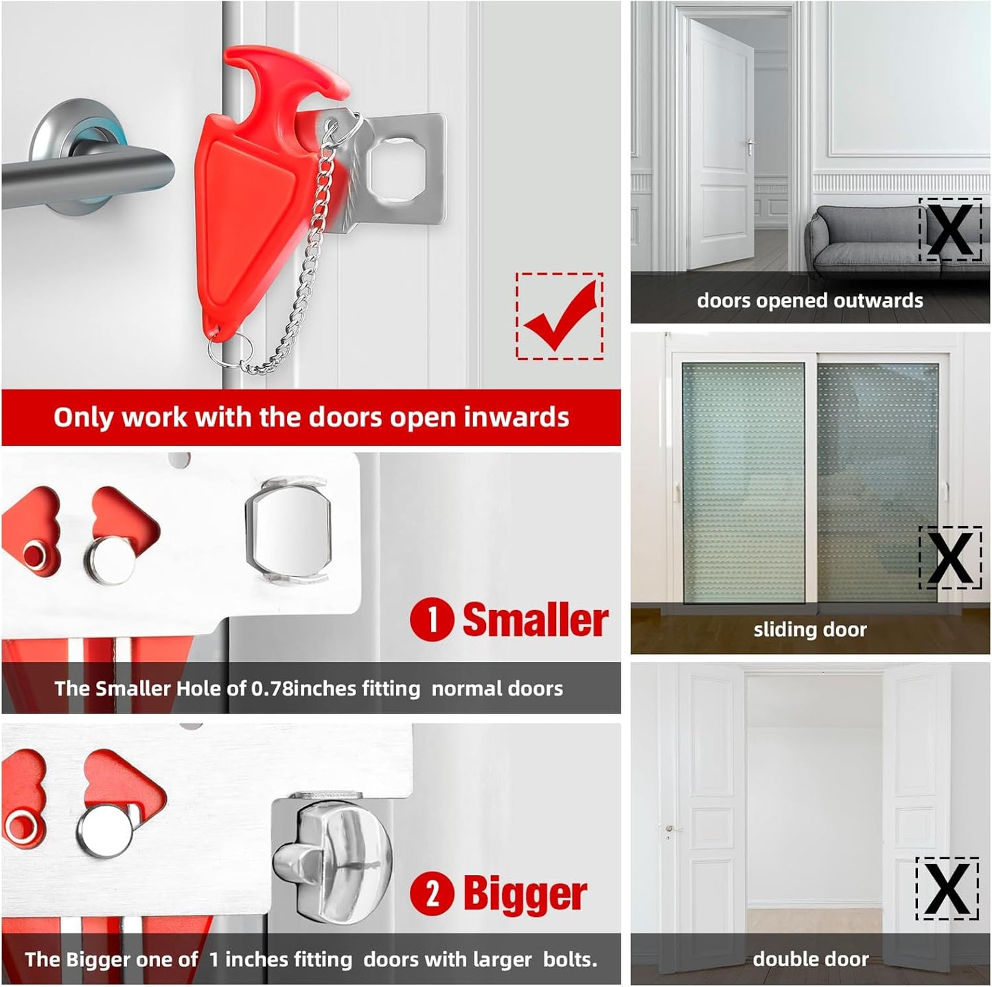 Portable Door Stop Alarm and Traveling Hotel Door Lock, No Installation Required, Provides Double Security for Home, Hotel and Traveling (1 Door Lock + 2 Door Stop)