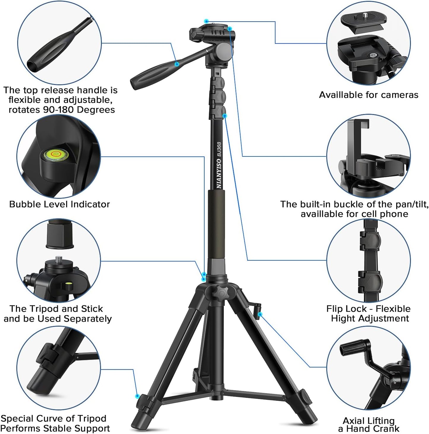 Camera Tripod 69 Inch, Patented 3-Way Swivel Portable Phone Tripod Professional Aluminum Alloy Travel Phone Camera Stand Monopod for Canon Nikon GoPro DSLR, DV Video Camcorder, Smartphone Black