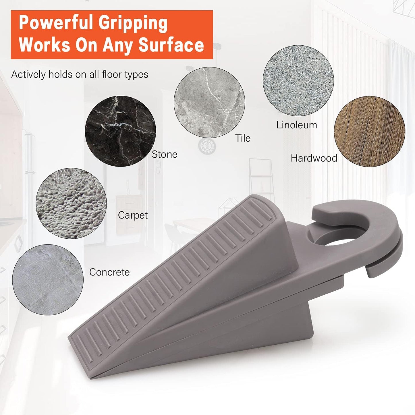 3 Pack Rubber Hook Type Door Stoppers 1 Inch Thick Door Stop Works on All Floor Surfaces, Control The Size of The Door Gaps and Prevent The Lock-Outs (Gray/Blue/Rose)