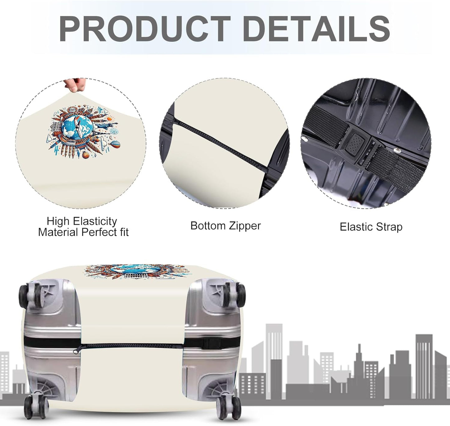 ANNA QUEEN Travel Around the World Luggage Cover, Colorful Landmark Suitcase Protector with Airplane & Globe Design, Stretchable, Washable Travel Sleeve for 20-22 Inch Luggage