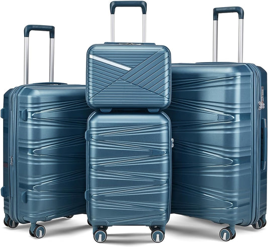 Campfun Luggage 4 Piece Sets, Expandable Carry On Luggage Set Hardshell PP, Suitcase Set with Double Spinner Wheels, Checked Durable Lightweight with TSA Lock, 14in 20in 24in 28in-Peacock Blue(C)