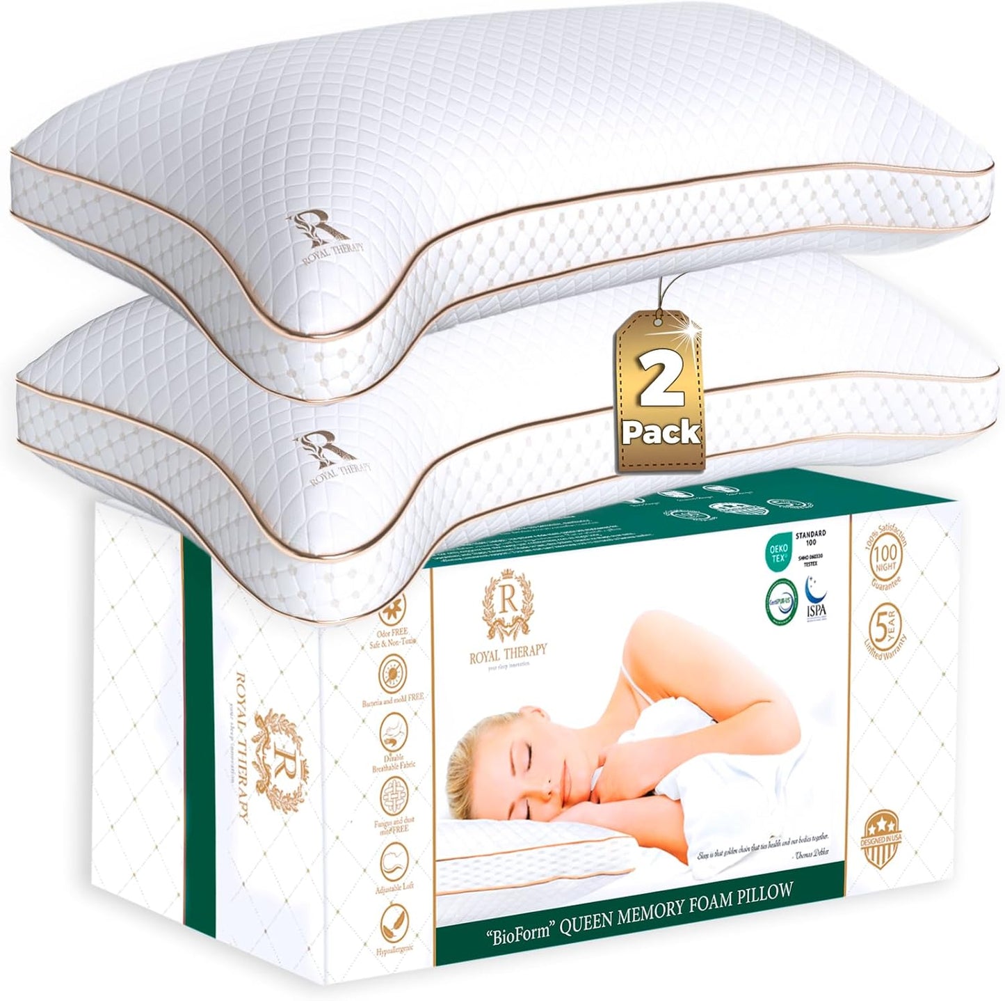 Royal Therapy Queen Memory Foam Pillows 2-Pack - Shredded Memory Foam Pillow for All Sleep Positions - Medium Firm Pillow with Adjustable, Bamboo Rayon Cover, CertiPUR-US, Oeko-TEX Certified