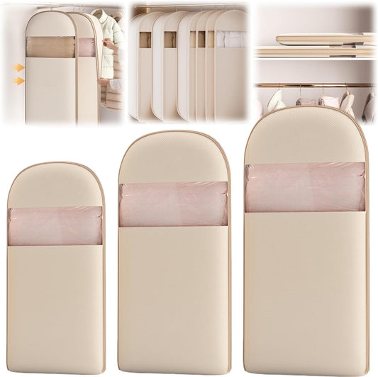 Space Saving Hanging Garment Bag With Self Compression Zipper,Garment Bags for Travel,Dust Cover for Coats Down Jackets, Closet Clothes Organizer with Clear Window (Beige, M+L+XL)