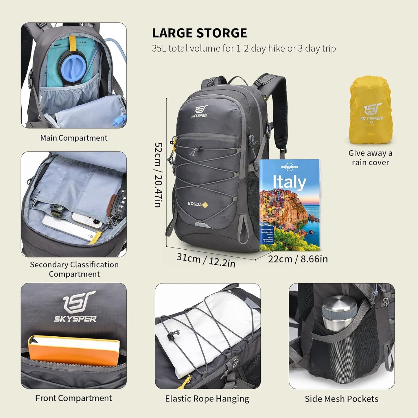 SKYSPER Hiking Backpack for Men Women, 35L Travel Backpack Waterproof Camping Backpack Outdoor Lightweight Daypack