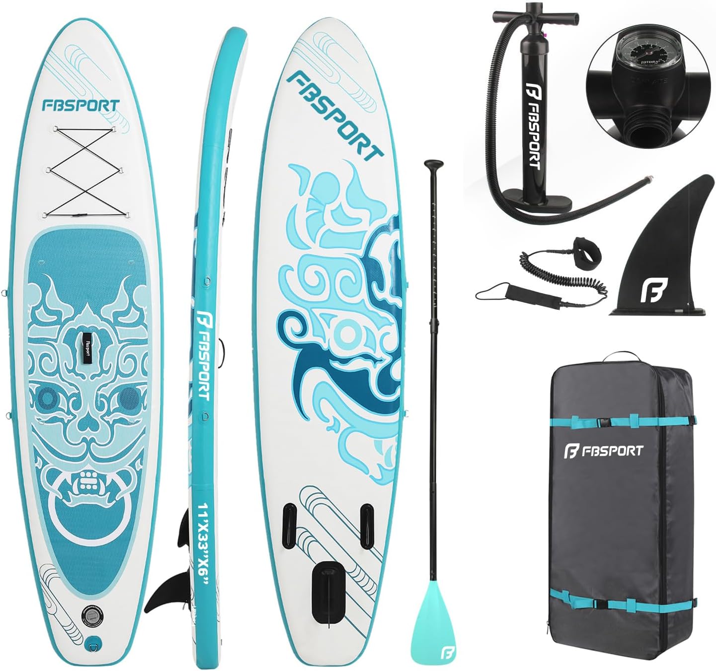 FBSPORT 11' Premium Stand Up Paddle Board, Yoga Board with Durable SUP Accessories & Carry Bag | Wide Stance, Surf Control, Non-Slip Deck, Leash, Paddle and Pump for Youth & Adult