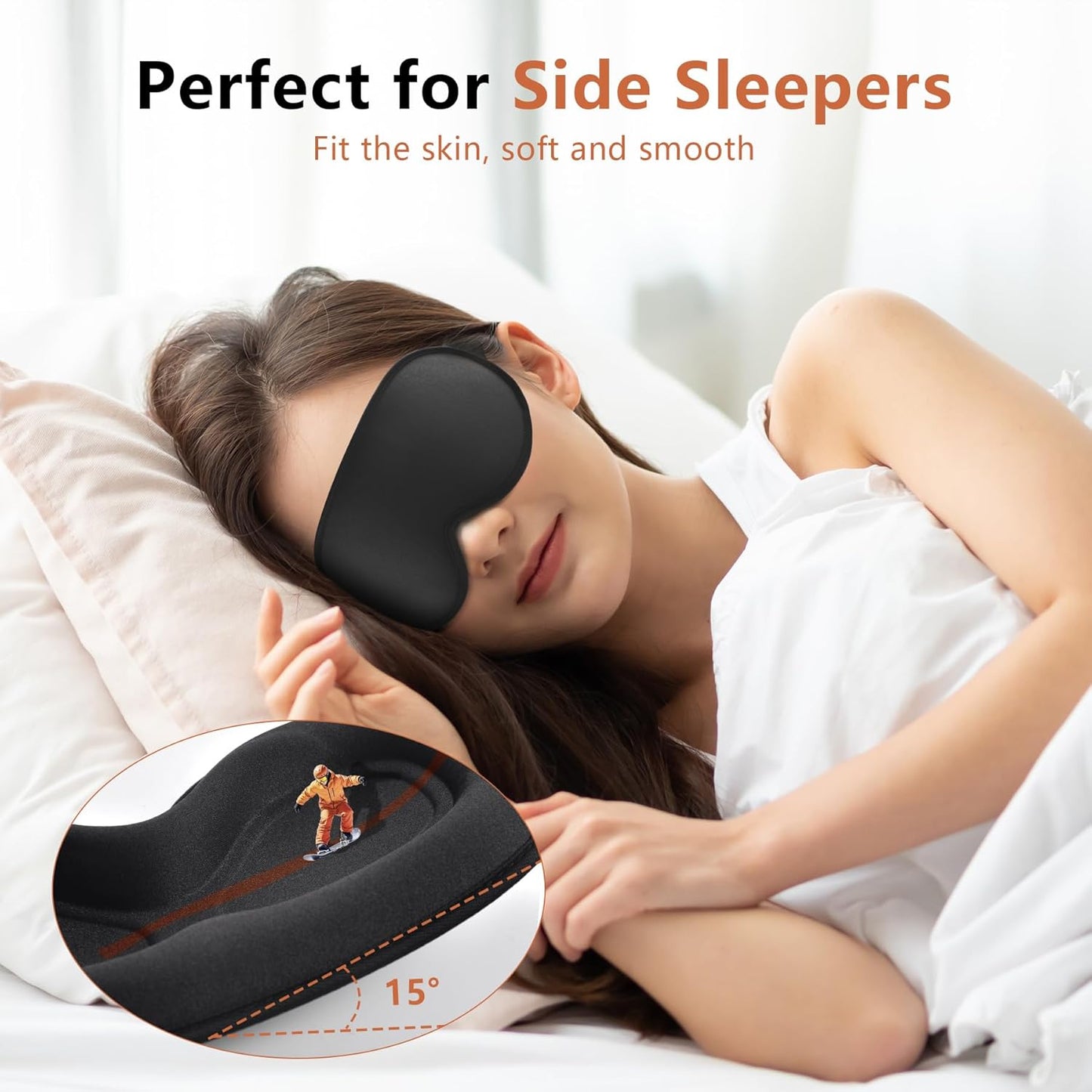 Sleep Mask for Side Sleeper Women Men, Eye Mask for Sleeping Light Blocking, 3D Contoured Cup Sleeping Mask, Soft Breathable Sleep Eye Mask with Adjustable Elastic Strap for Travel (Black)