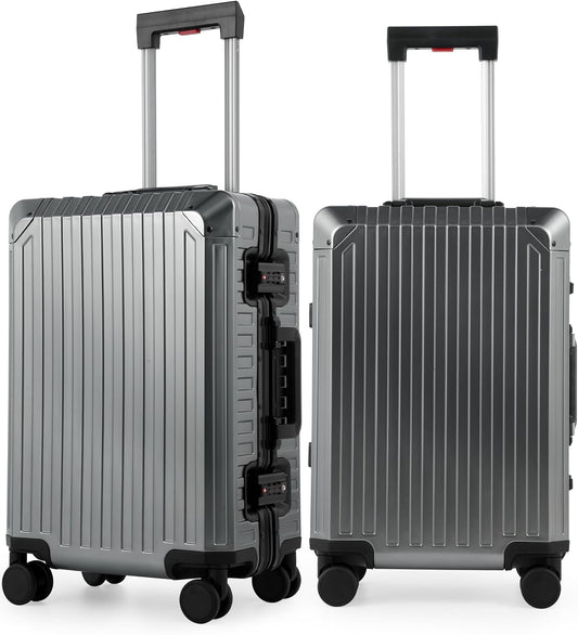 Mvst Luggage Premium All Aluminum Magnesium Carry On 20'' Lightweight Metal,Suitcase with Spinner Wheels Built-in Toiletry Set, Luggage Protector（silvery） (Grey, 20inch)