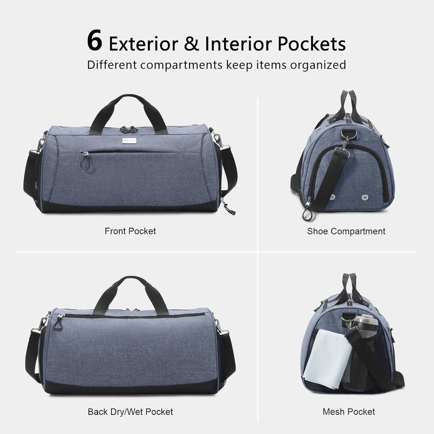 TOPDesign Gym Bag for Women & Men, Unisex Duffel Bag with Shoe Compartment & Wet Pocket for Travel Sports Gym (M Textured Blue)