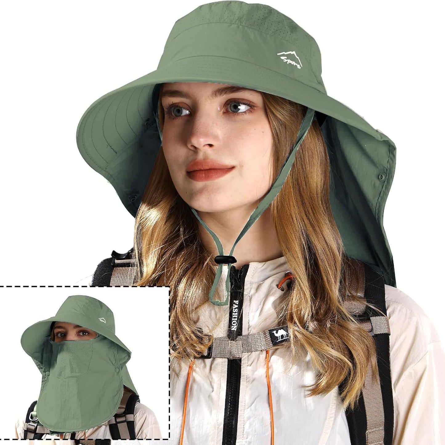 Rosoz Sun Hat for Men Women with Neck Flap,Wide Brim UPF50+ Fishing Hat with Detachable Face Cover Outdoor Sun Protection Hat