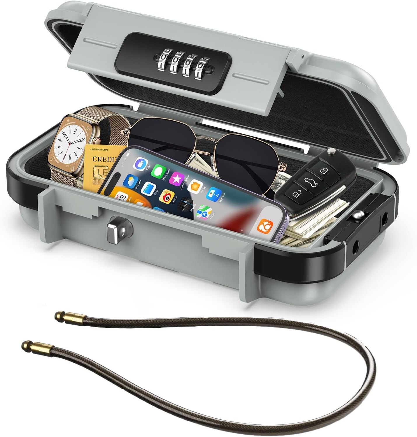 LOFICOPER Portable Safe Box, 4 Digit Combination Security Case, Waterproof Travel Lock Box, Small Beach Safe with Removable Chain, for Sports, Travel, Home, Office, Grey