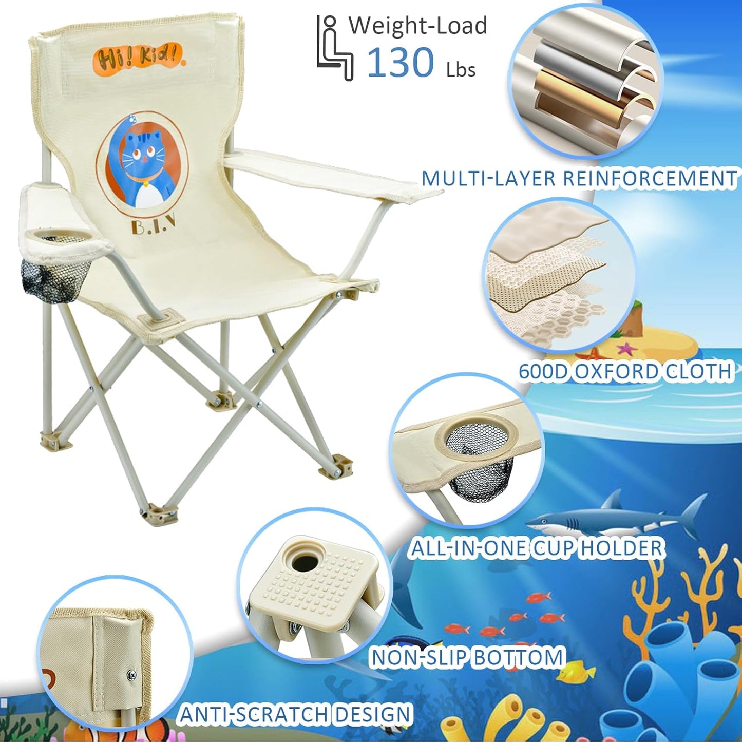 Kids Beach Folding Camping Chair - Kids Camping Chair with Outdoor Umbrella - Lightweight and Sturdy - for Beach Outdoor Camping Picnic (Blue)