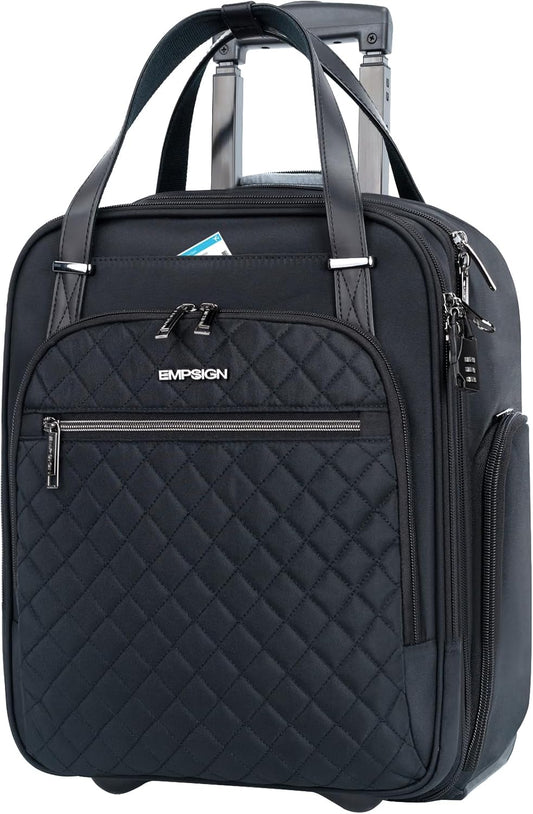 EMPSIGN Underseat Carry On Wheeled - 16" Carry on Bag with Wheels Multi-functional Lightweight Rolling Bag Overnight Weekender Small Suitcase for Women Men Travel Business, Black
