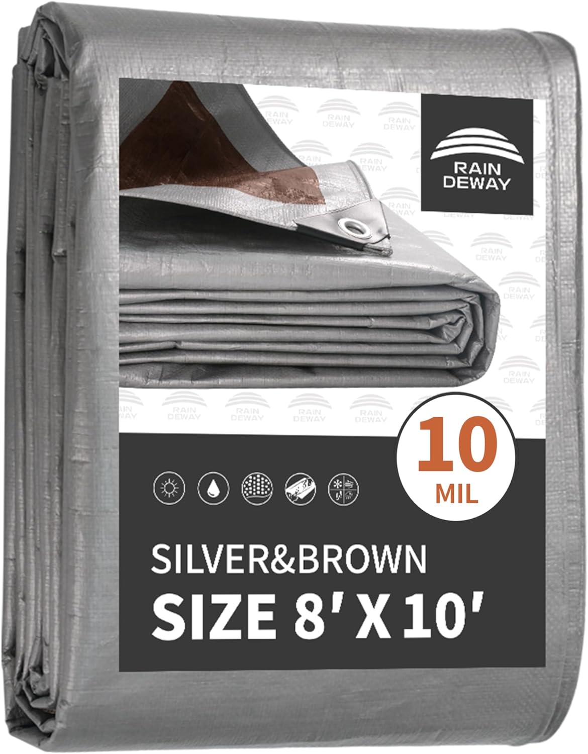 Tarps Heavy Duty Waterproof 8x10 Feet, 10Mil Multipurpose Poly Tarp Cover with Metal Grommets and Reinforced Edges, Silver/Brown Tarp by RAINDEWAY