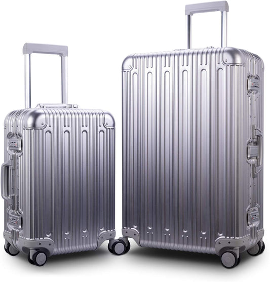 TRAVELKING All Aluminum Luggage Carry On Spinner Hard Shell Suitcase Lightweight Metal Suitcases 20“ & 28 Inch Luggage Set