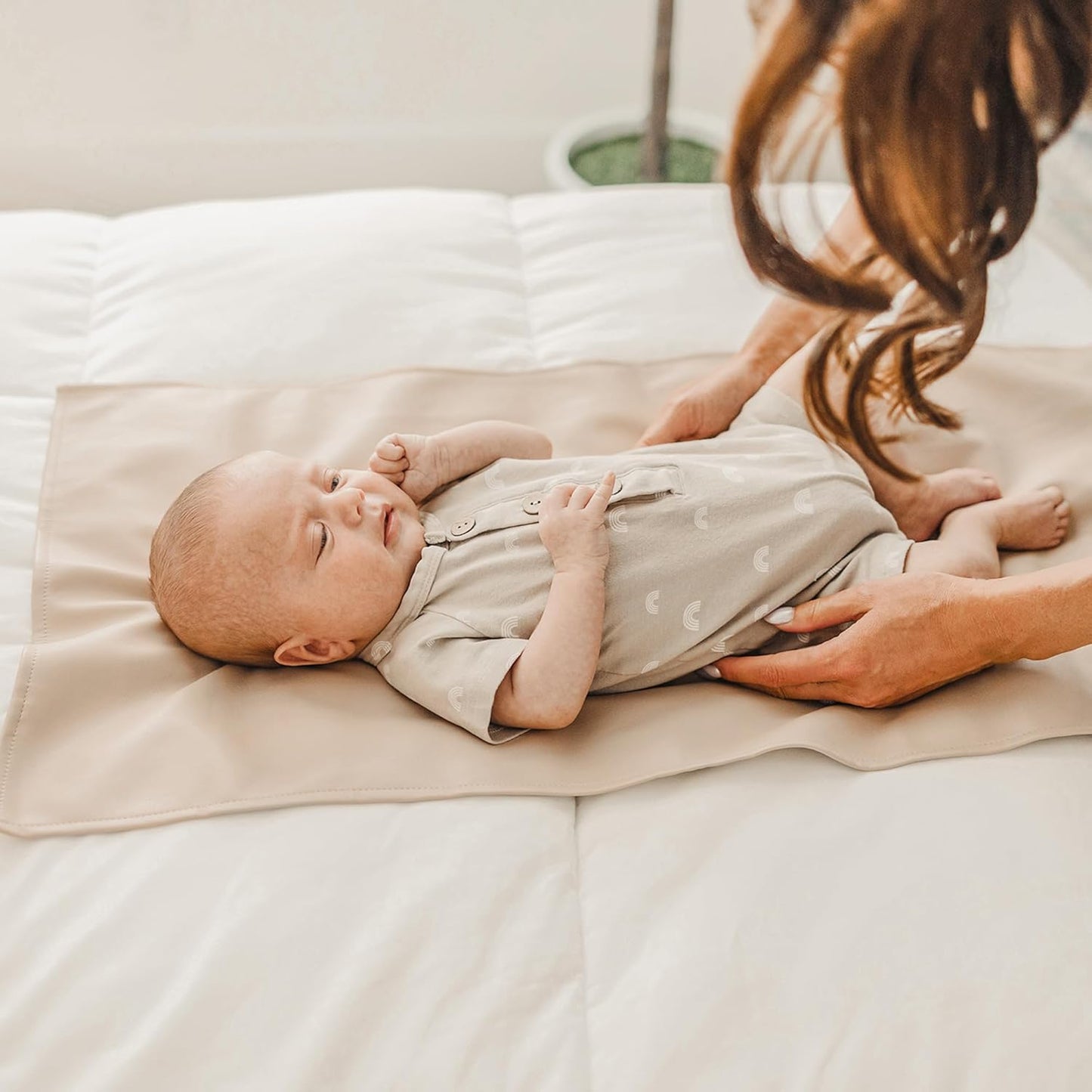 Konssy Faux Leather Baby Changing Mat 2 Pack, Waterproof, Wipeable & Portable Diaper Changing Pad for Travel or Home, Foldable Mat Fits Perfectly in Diaper Bag, 30 x 17 inches (Brown,Beige)