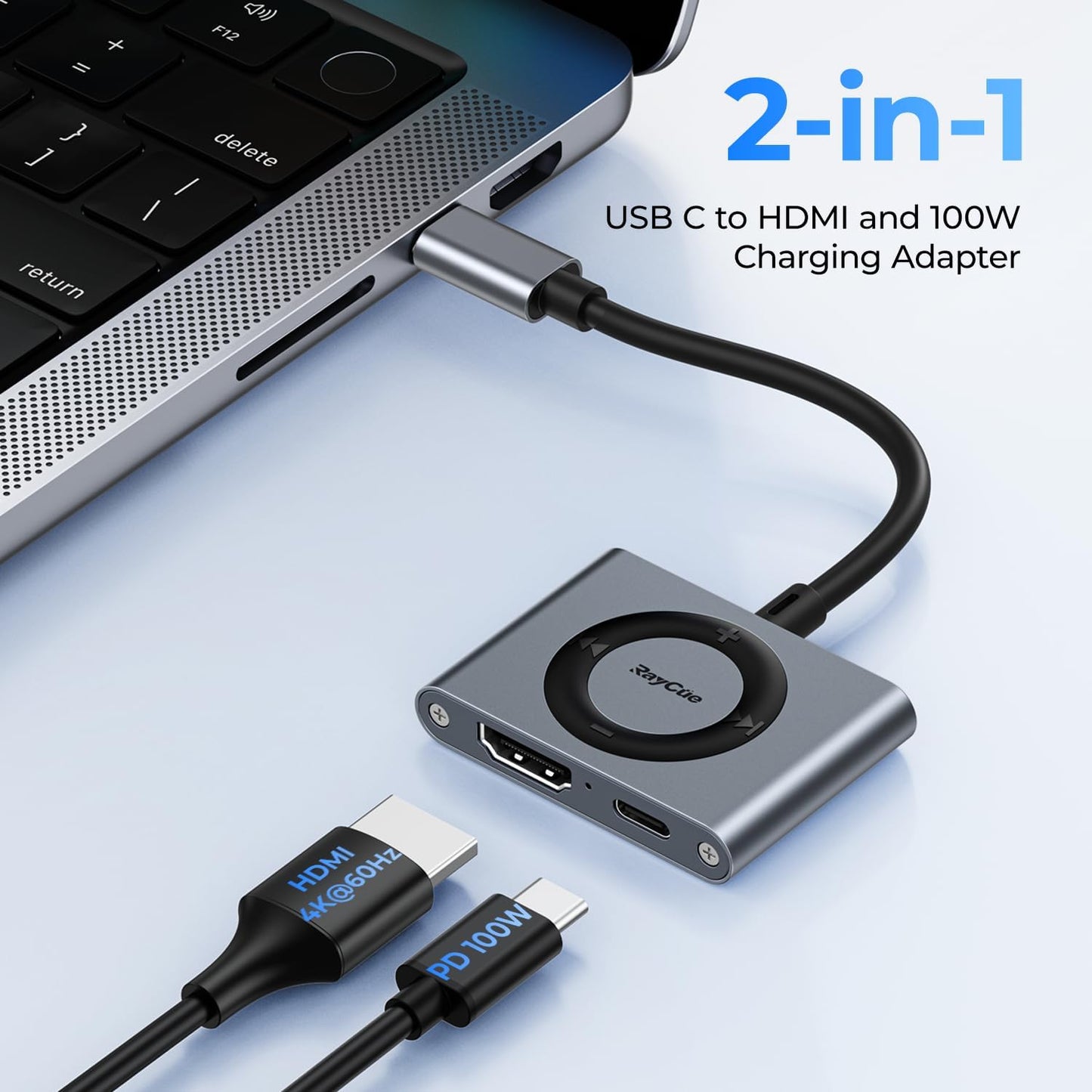RayCue 2-in-1 USB C Hub, USB C to HDMI Adapter with HDMI 4K@60Hz & 100W PD Charging - Adapter for Laptop, MacBook, IPad (USB-C), iPhone 15/16, Tablets, Switch