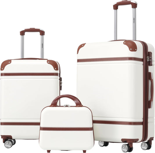 Merax Luggage Set 2 Piece Suitcase Set with Cosmetic Case Expandable Spinner Wheels Vintage Luggage Sets (White,20"+24")