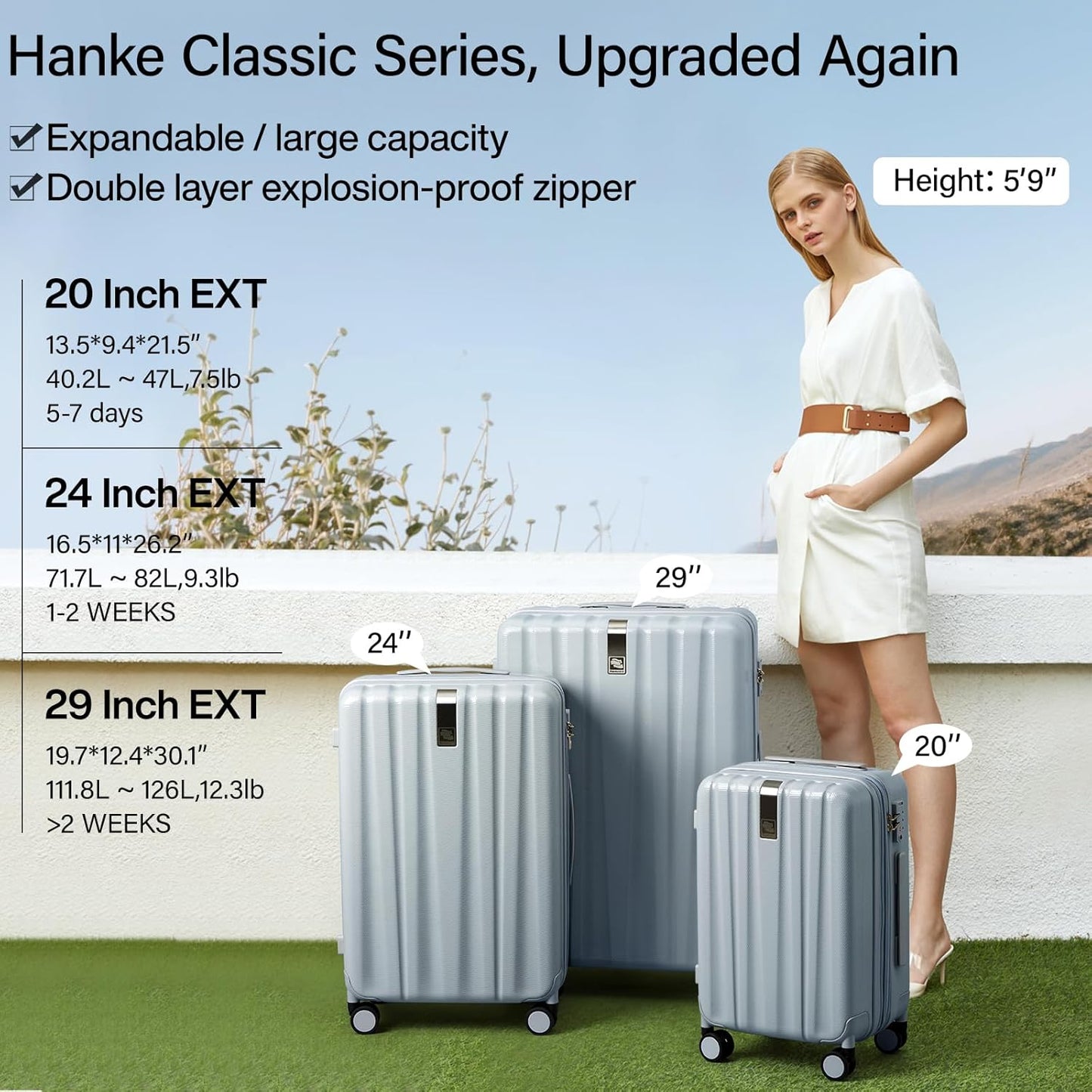 Hanke Expandable Hardshell Luggage Sets 3 piece Carry on Luggage with Wheels Suitcases Lightweight Checked Travel Luggage Rolling Large Suitcase Travel Luggage Bag Woman Men 20/24/29 Inch(Gray)